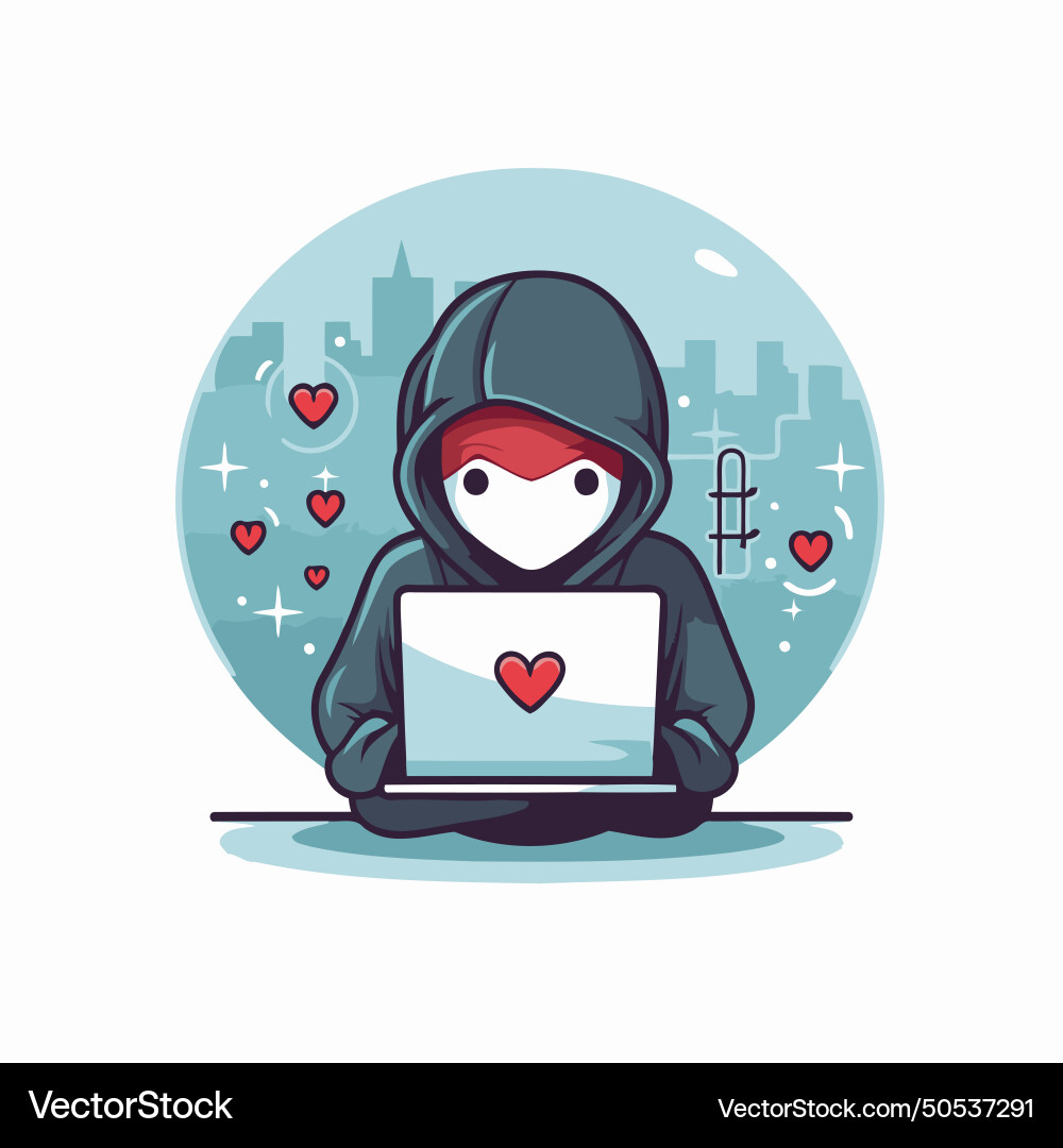 Hacker with laptop in flat style design element Vector Image