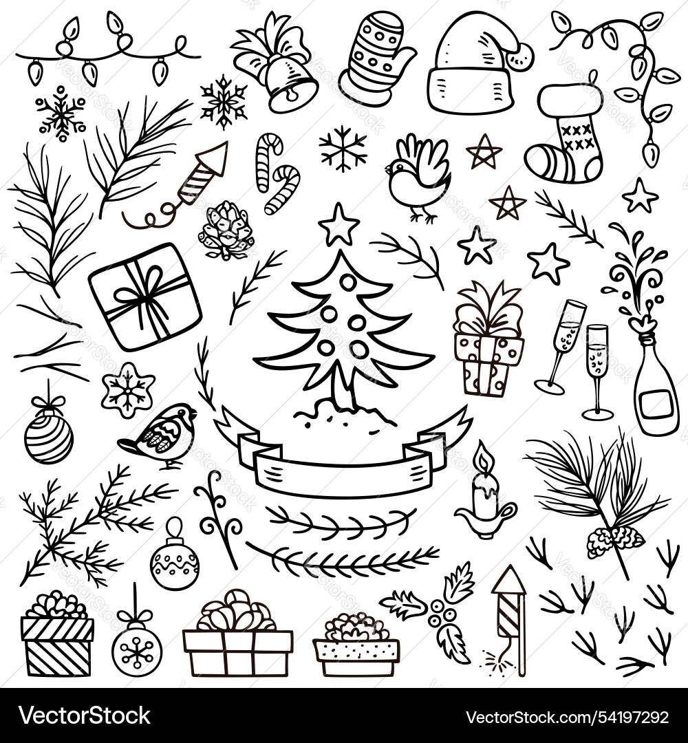 Set of christmas elements and decorations drawn Set of christmas elements and decorations drawn vector image