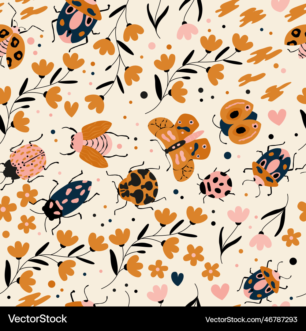 Seamless pattern with cute bugs beetles moth Seamless pattern with cute bugs beetles moth Vector Image