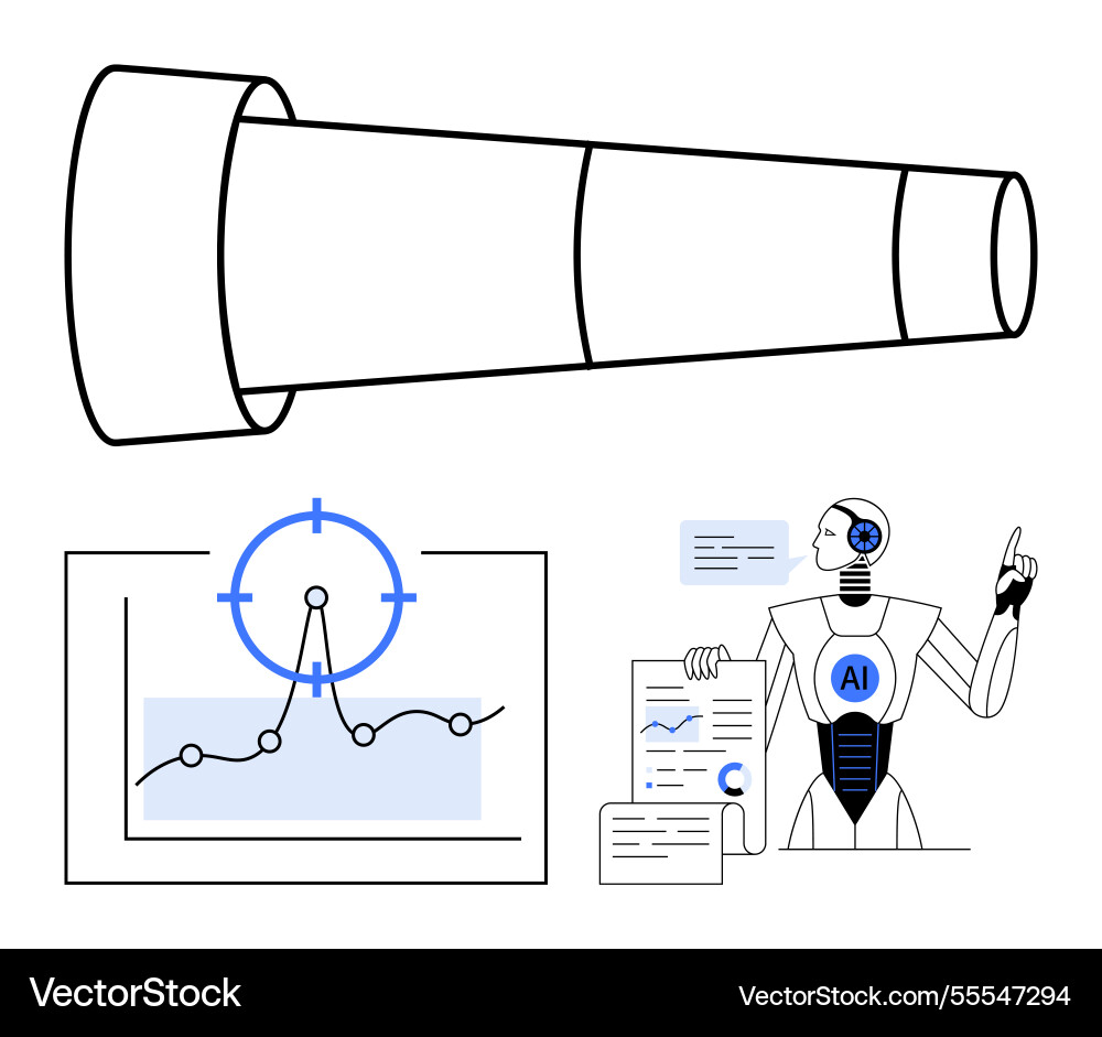 Ai robot analyzing data charts with telescope Ai robot analyzing data charts with telescope vector image
