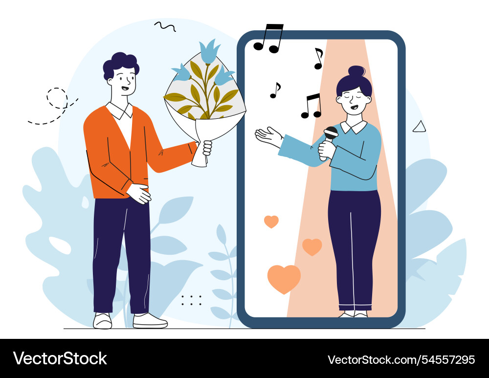 Online fan of singer man with bouquet near Vector Image
