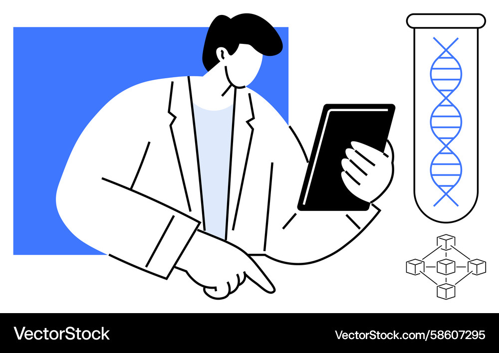 Scientist analyzing data on tablet with dna helix Scientist analyzing data on tablet with dna helix Vector Image