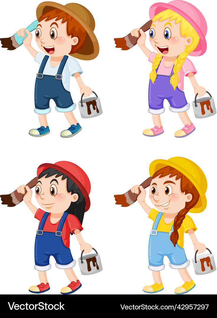 Painter kids holding bush and colour bucket Painter kids holding bush and colour bucket vector image