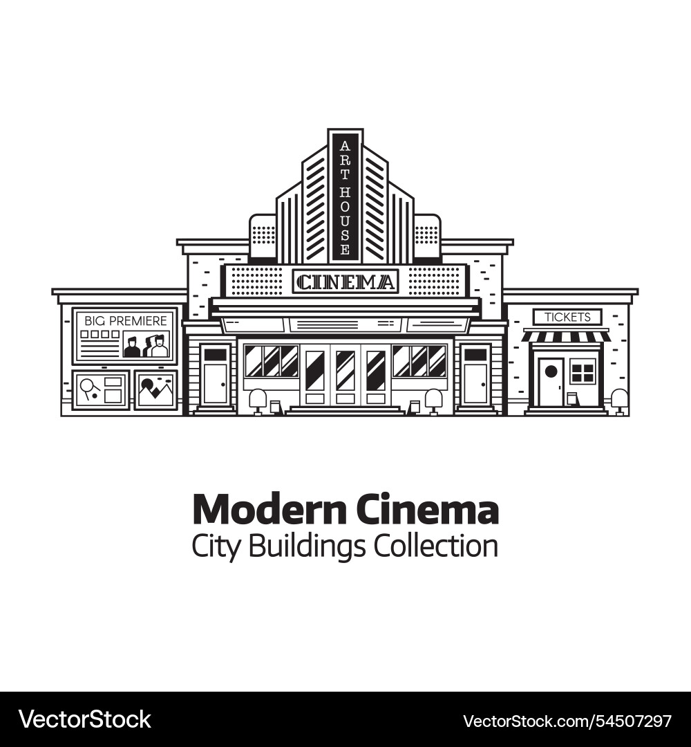 Retro cinema or movie theater building in line art Retro cinema or movie theater building in line art vector image