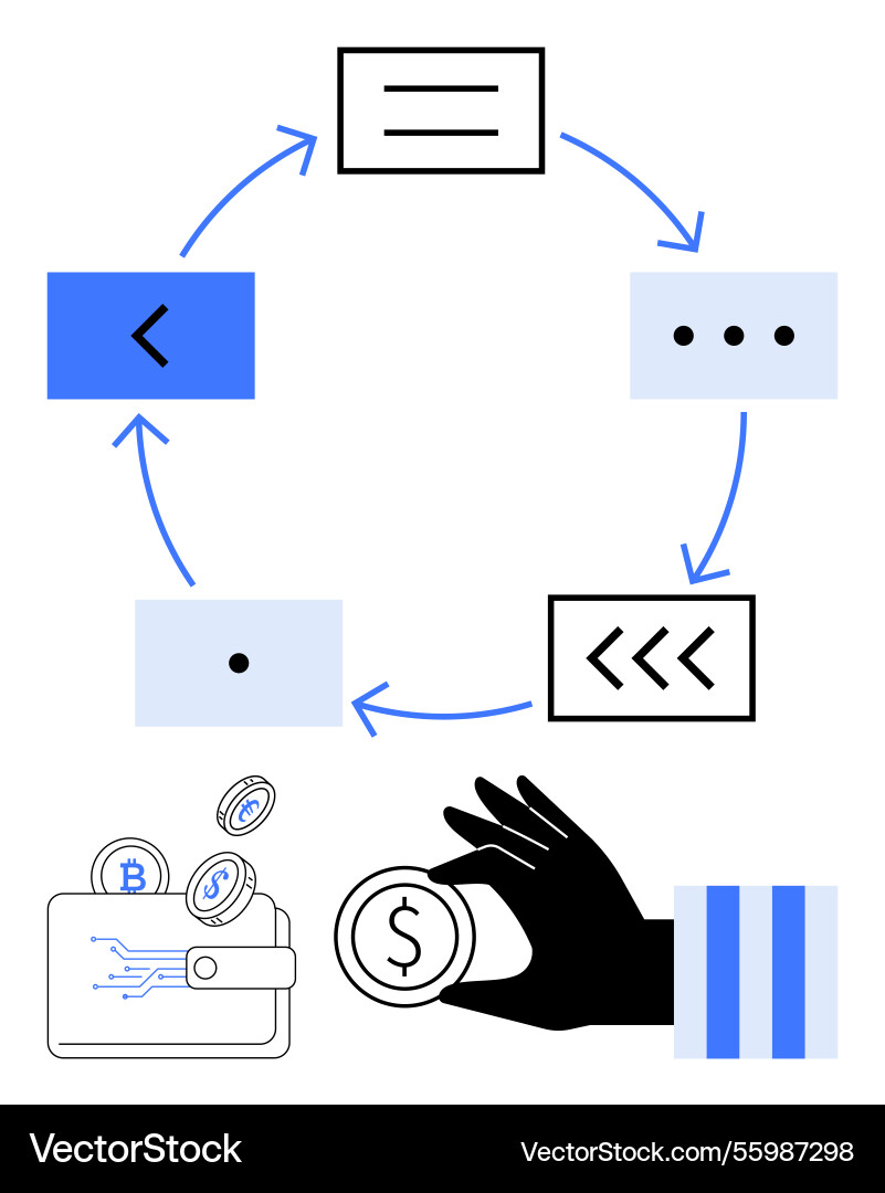 Circular process with arrows and digital wallet Circular process with arrows and digital wallet Vector Image