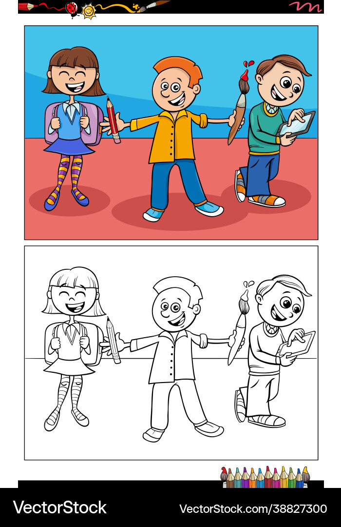 Cartoon pupils or students children coloring book Cartoon pupils or students children coloring book vector image