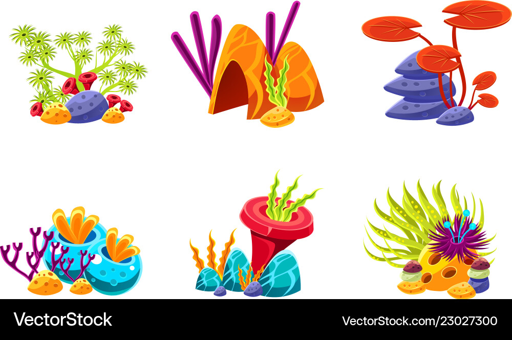 Flat set of compositions with marine algae Flat set of compositions with marine algae vector image