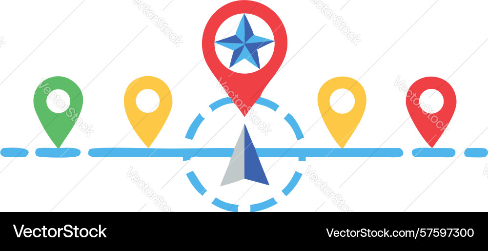 Multiple gps location pins connected by dashed vector image