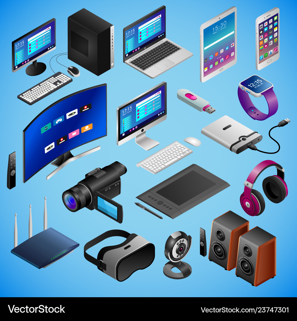 Realistic digital devices in isometry Royalty Free Vector