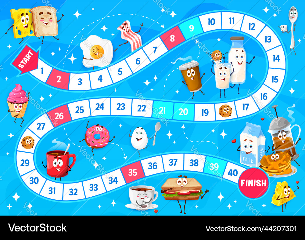 Step board game with cartoon breakfast characters Step board game with cartoon breakfast characters vector image