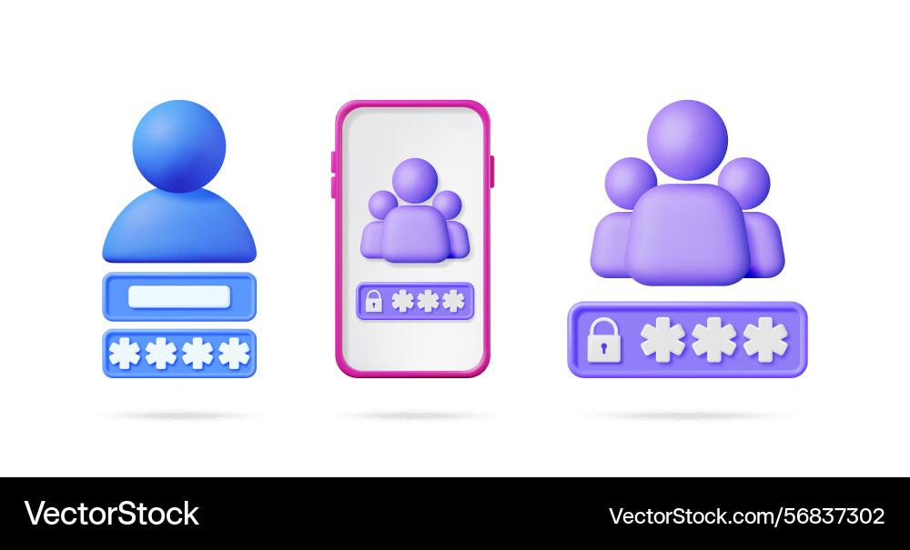 3d set of account login and password icons 3d set of account login and password icons vector image