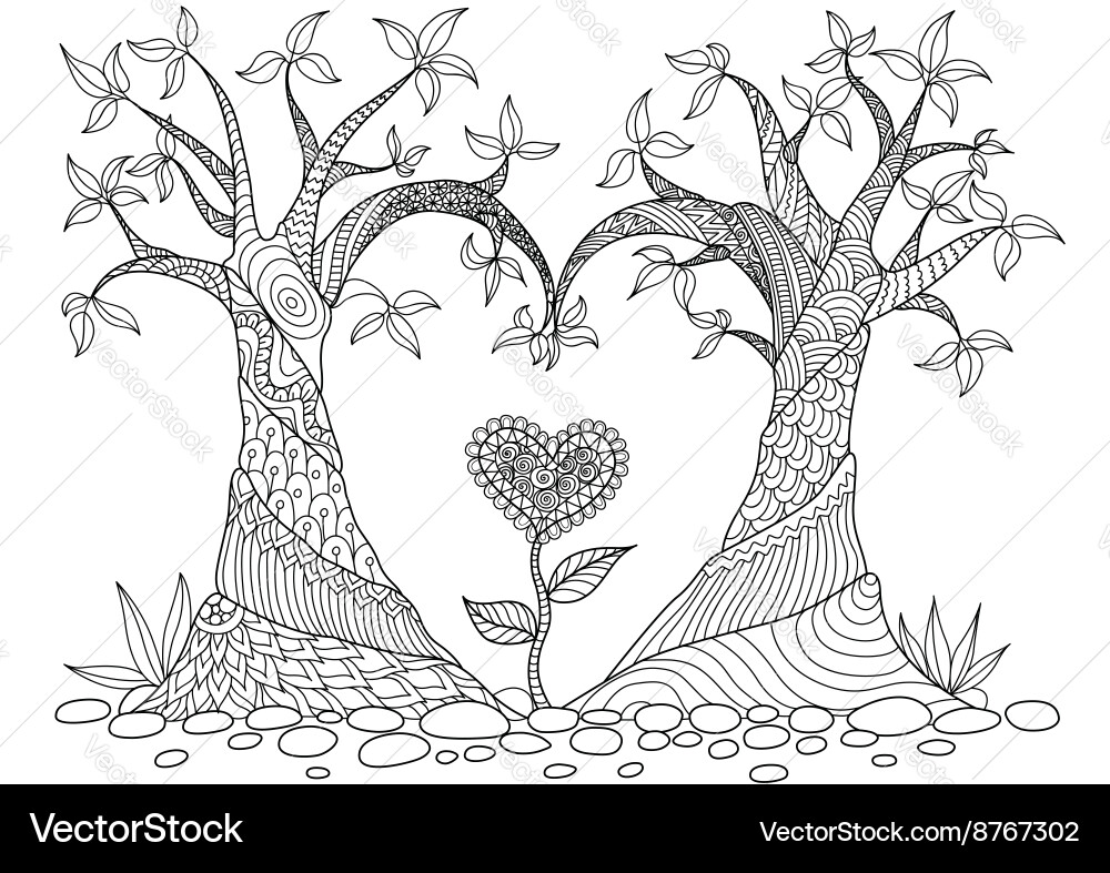 Heart Tree Silhouette Coloring Page Vector Image