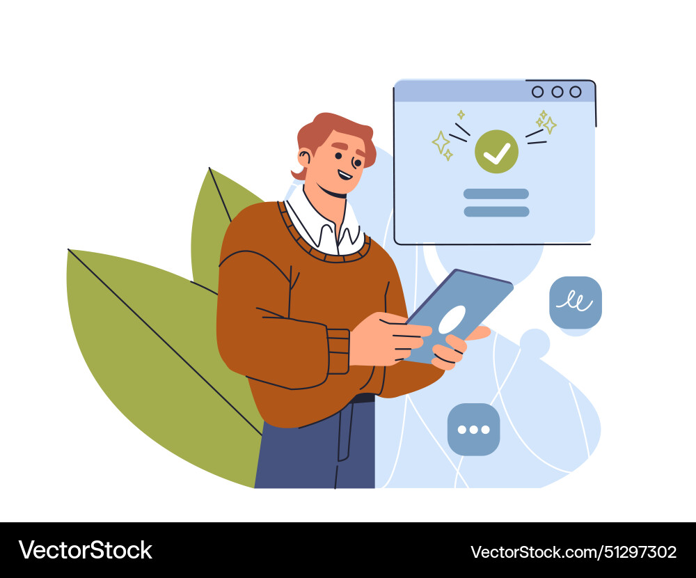 Smiling man with a tablet and check mark vector image