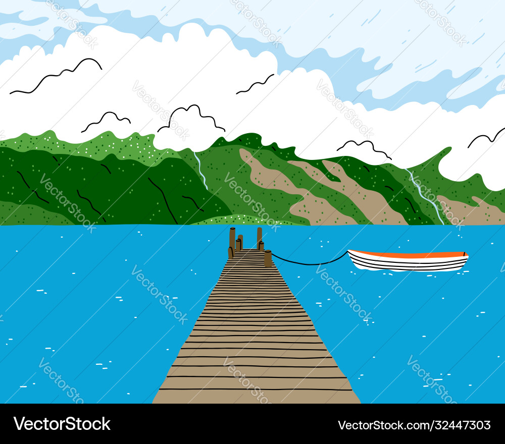Beautiful lake landscape with wooden bridge boat Beautiful lake landscape with wooden bridge boat vector image