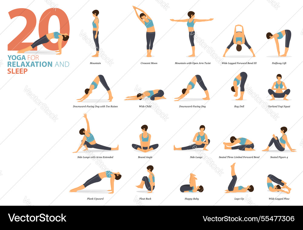 20 yoga pose for workout in sleep concept vector image