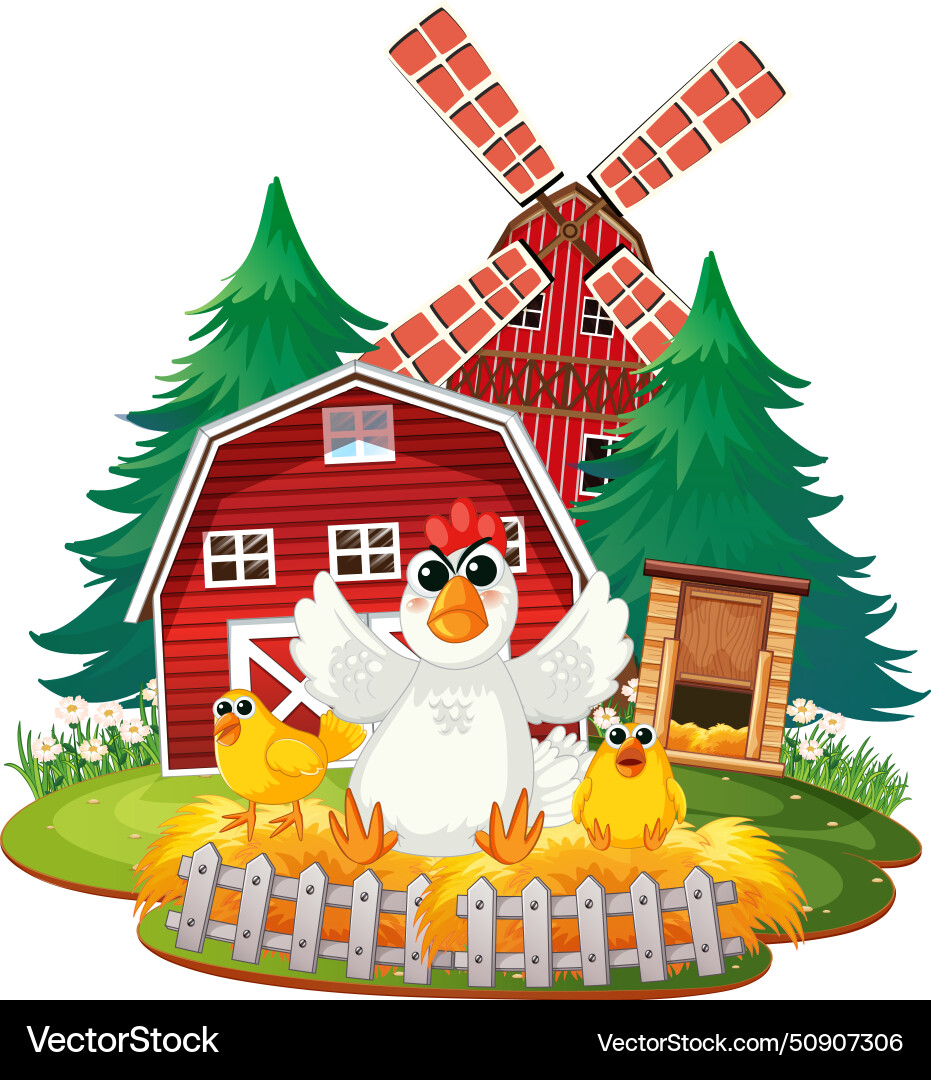 A cheerful hen with chicks outside red barn A cheerful hen with chicks outside red barn vector image