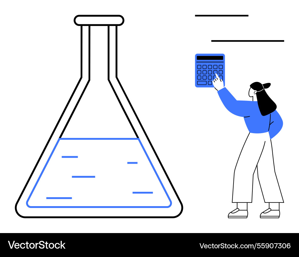 Woman using calculator near flask representing Woman using calculator near flask representing vector image