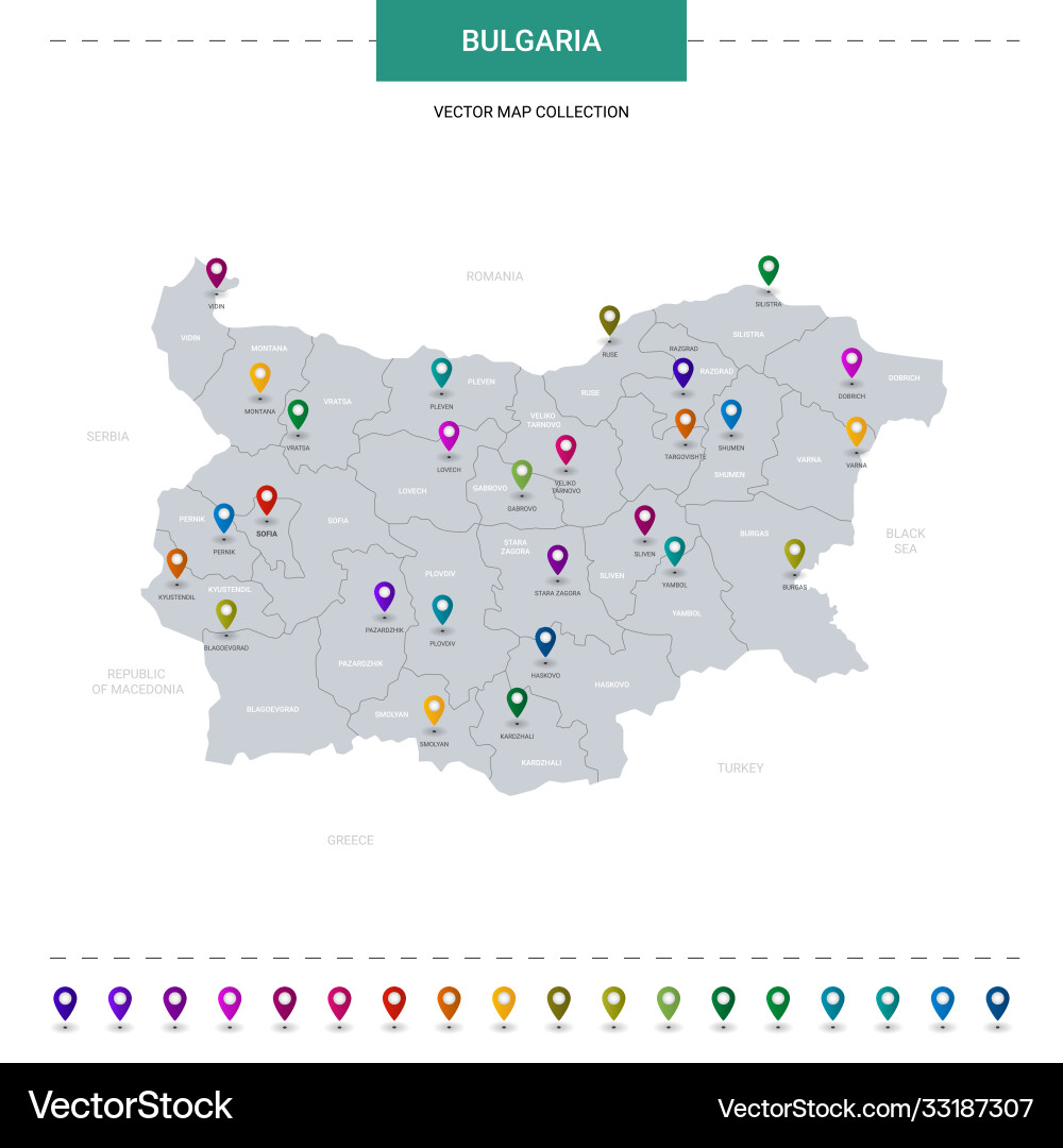 Bulgaria map with location pointer marks vector image