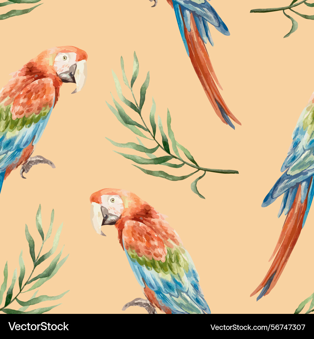 Palm branches and macaws seamless pattern Palm branches and macaws seamless pattern Vector Image