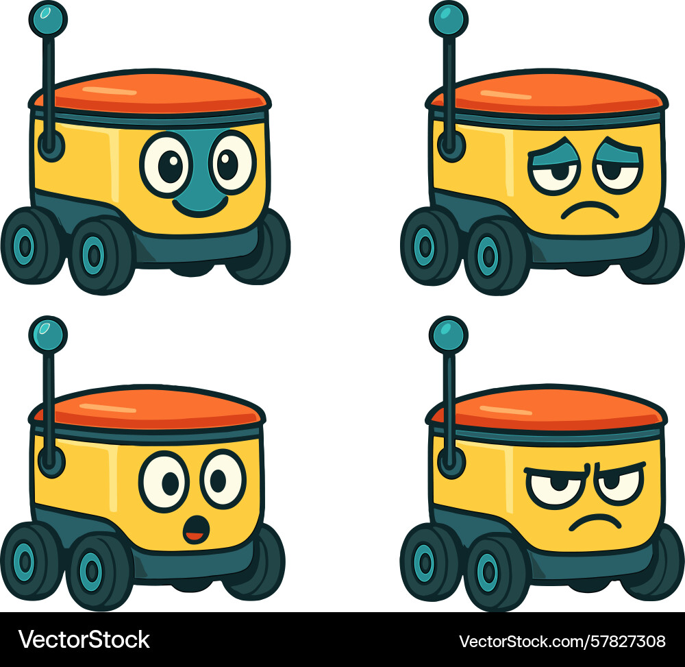 Colorful animated robots expressing different Colorful animated robots expressing different Vector Image