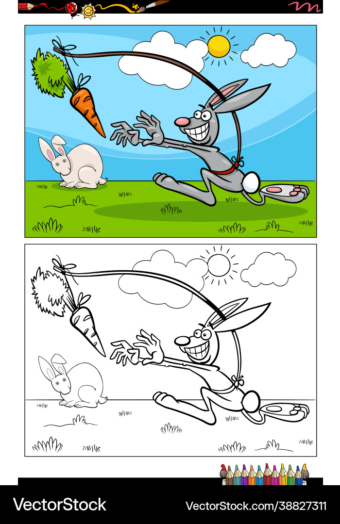 Dangle a carrot proverb cartoon coloring book page Vector Image