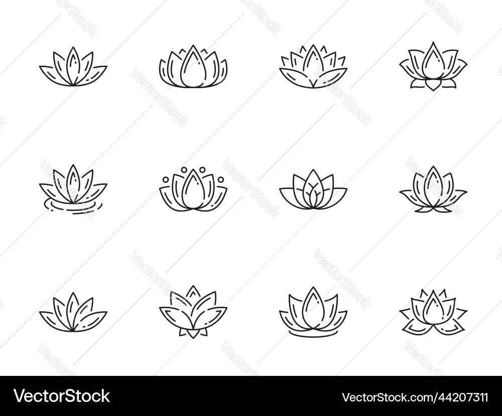 Outline line lotus icons flowers or yoga symbols Outline line lotus icons flowers or yoga symbols Vector Image