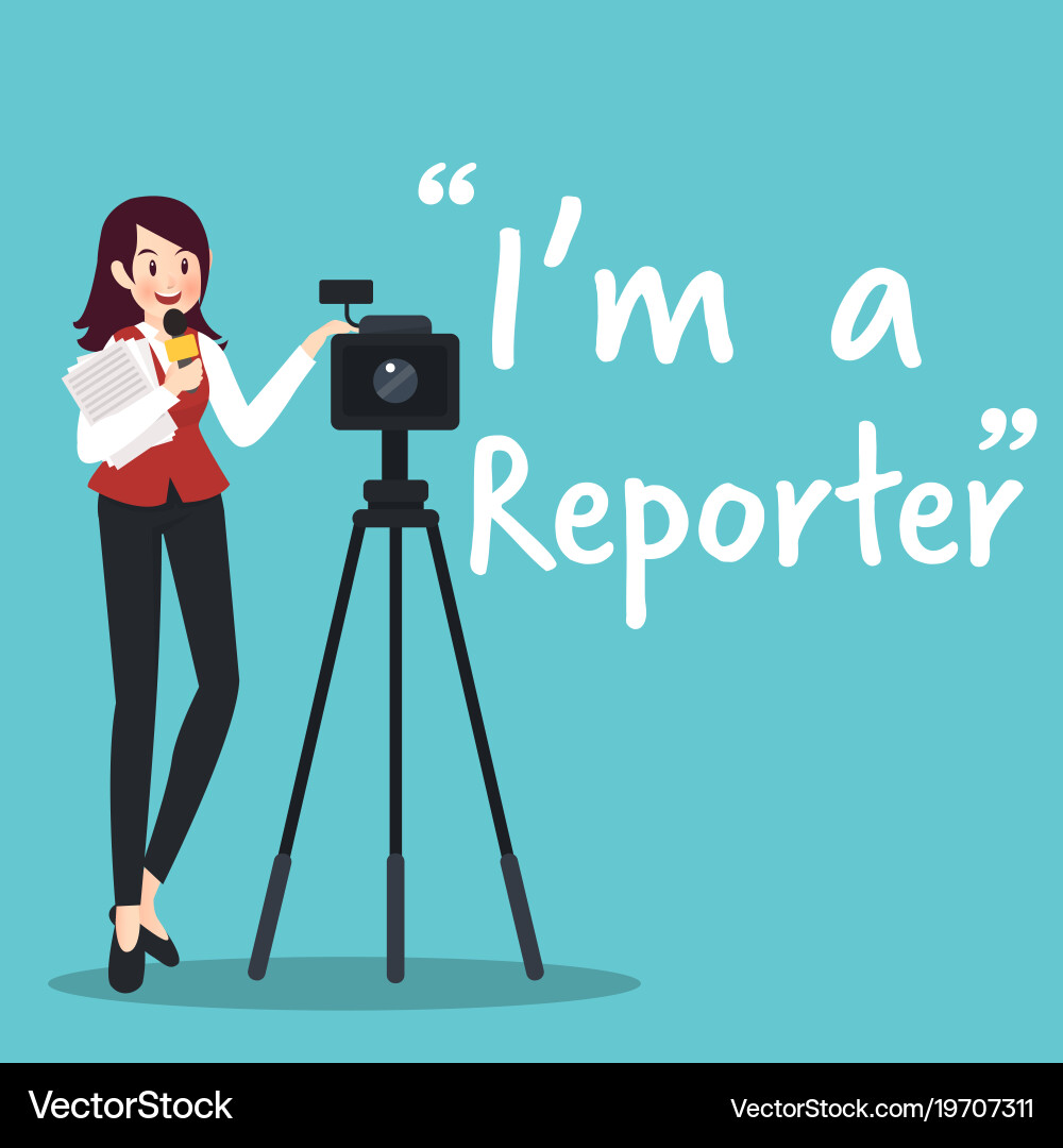 Reporter character with microphone and camera vector image