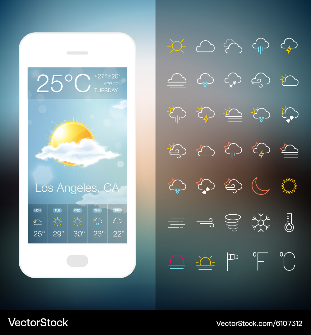 Mobile weather application screen with icon set vector image