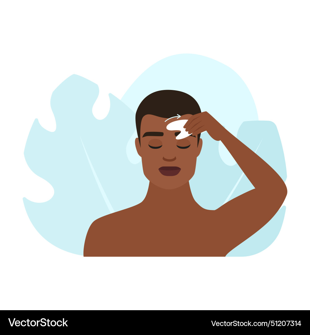 Man massaging forehead in sideways direction using vector image