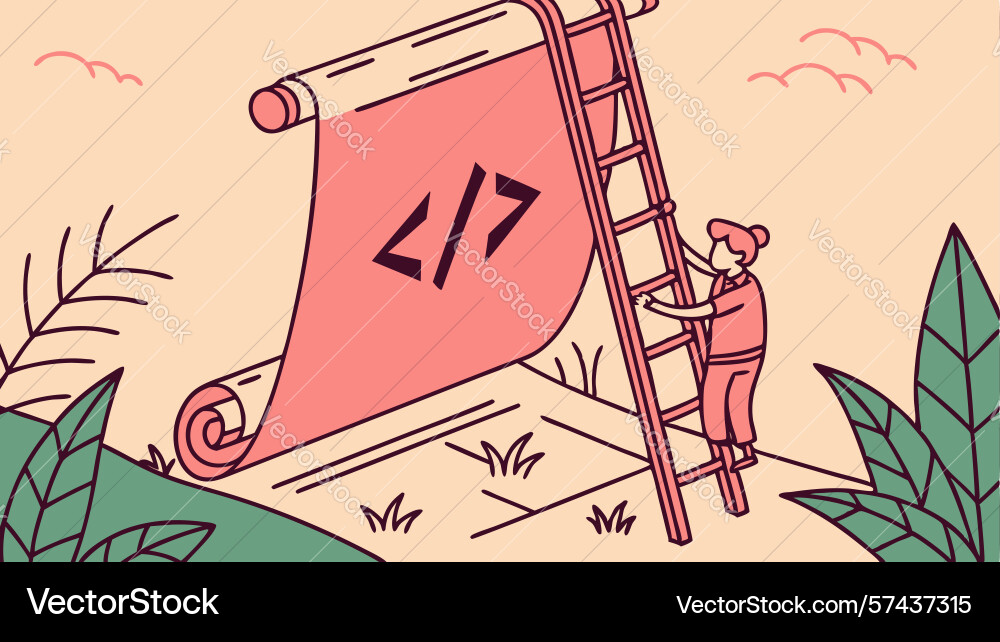 Person coding on scroll with ladder development vector image