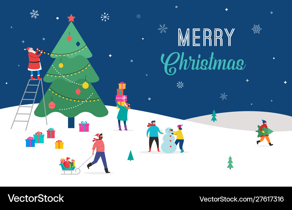 Merry christmas winter scene with a big xmas tree Merry christmas winter scene with a big xmas tree vector image