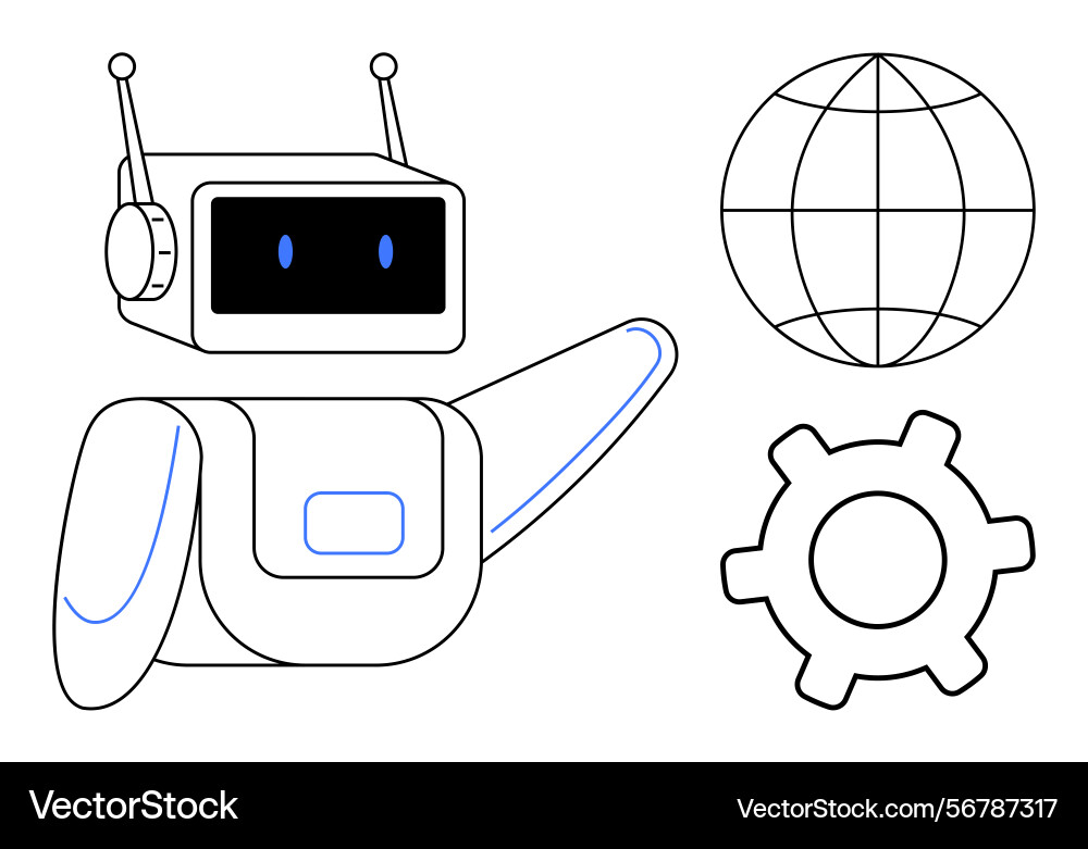 Robot pointing towards globe and gear representing Robot pointing towards globe and gear representing vector image