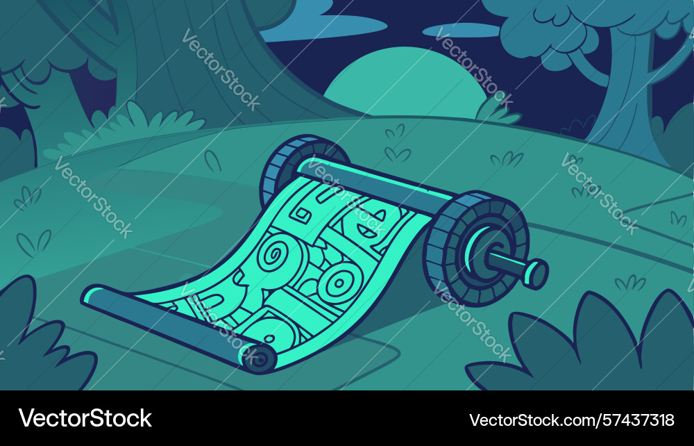 Ancient map scroll unfurling towards a bridge vector image