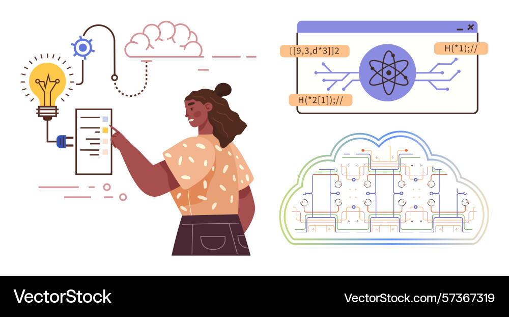 Woman exploring quantum computing concepts with Woman exploring quantum computing concepts with vector image