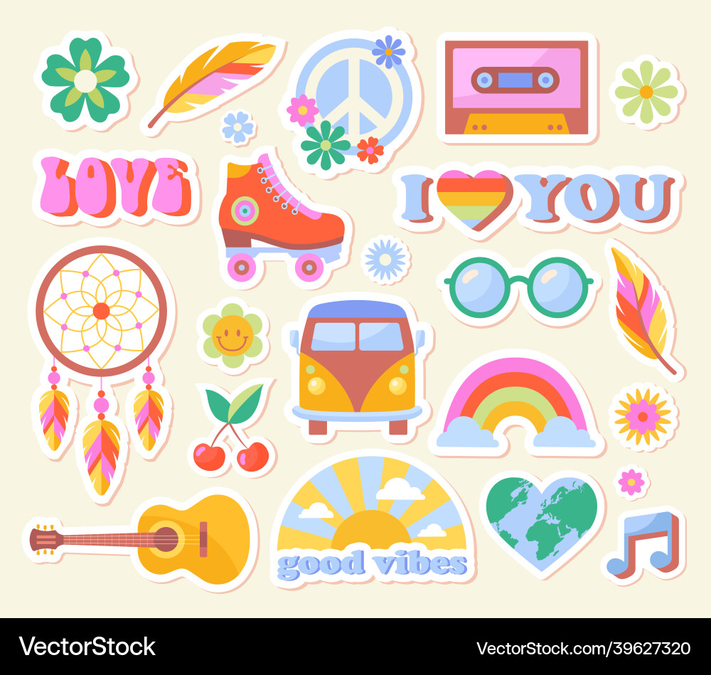 Set of hippie retro vintage icons in 70s-80s style Set of hippie retro vintage icons in 70s-80s style vector image