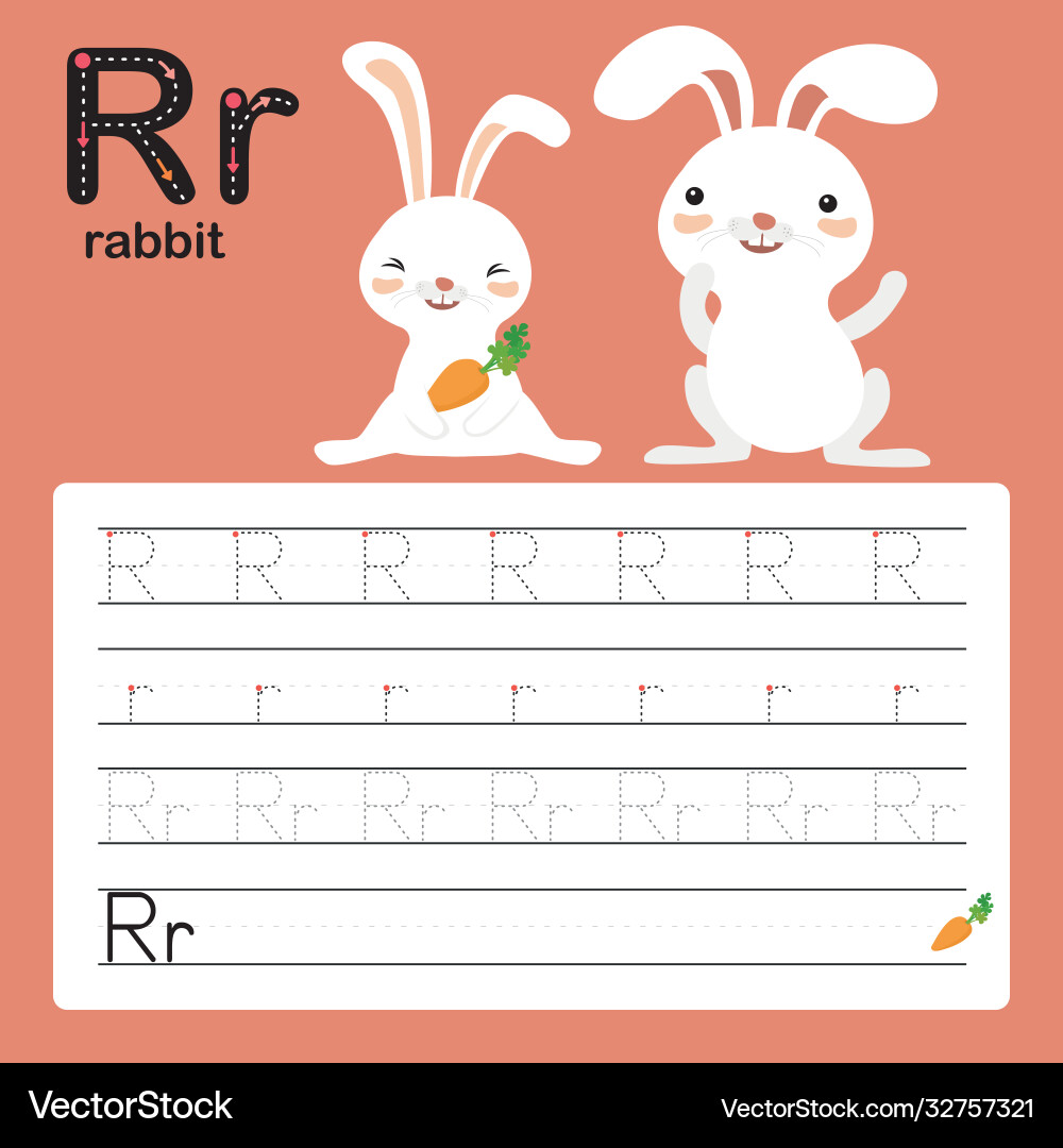 R rabbit alphabet basic writing skills R rabbit alphabet basic writing skills vector image