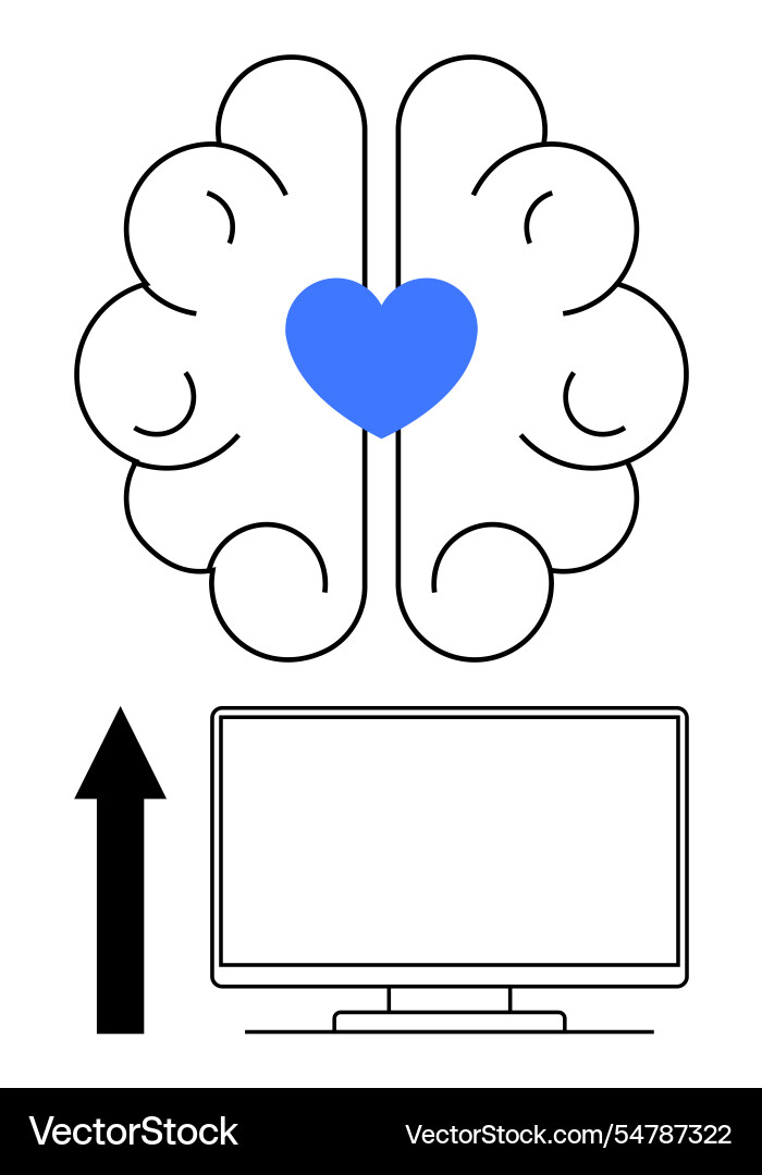 Brain with heart and arrow above computer monitor Brain with heart and arrow above computer monitor vector image