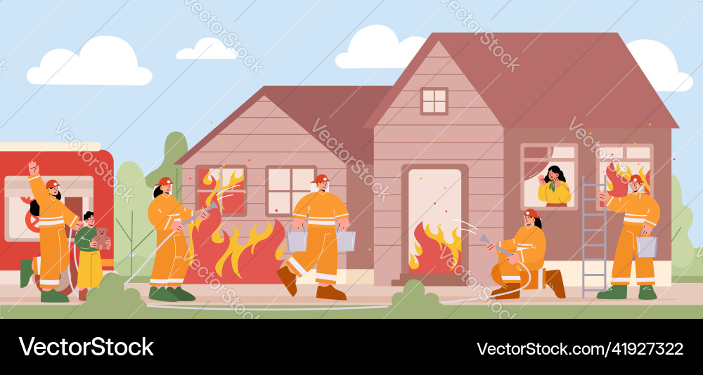 Gruppe von Feuerwehrleuten die mit Feuer im Brandhaus kämpfen Gruppe von Feuerwehrleuten die mit Feuer im Brandhaus kämpfen vektorbild