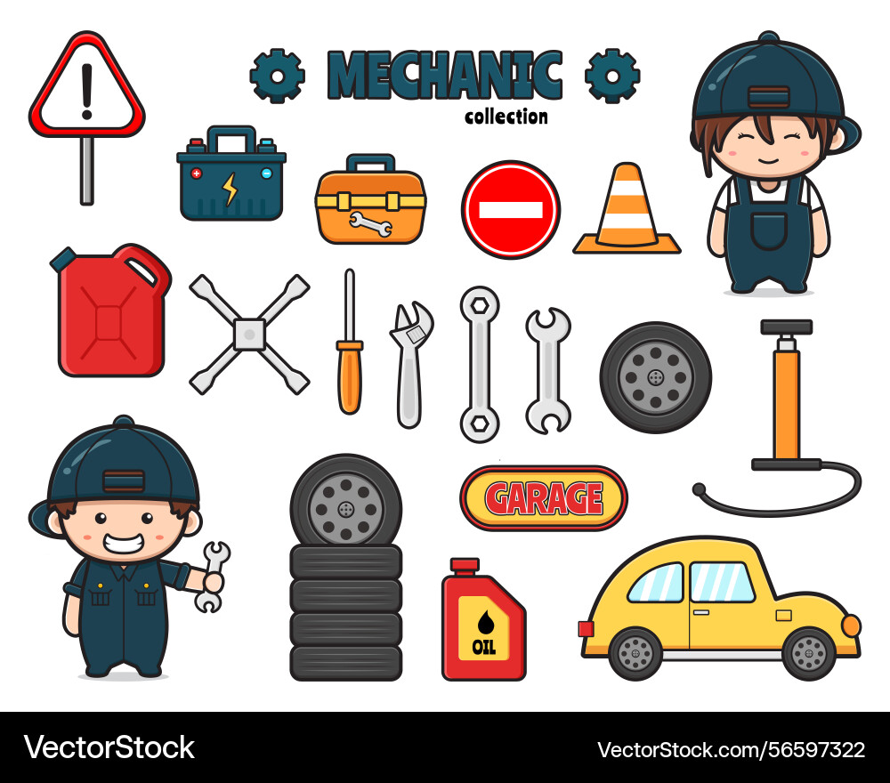 Set collection of cute mechanic with object Vector Image