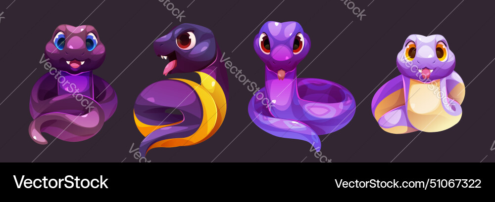 Set of snake characters isolated on black Set of snake characters isolated on black vector image