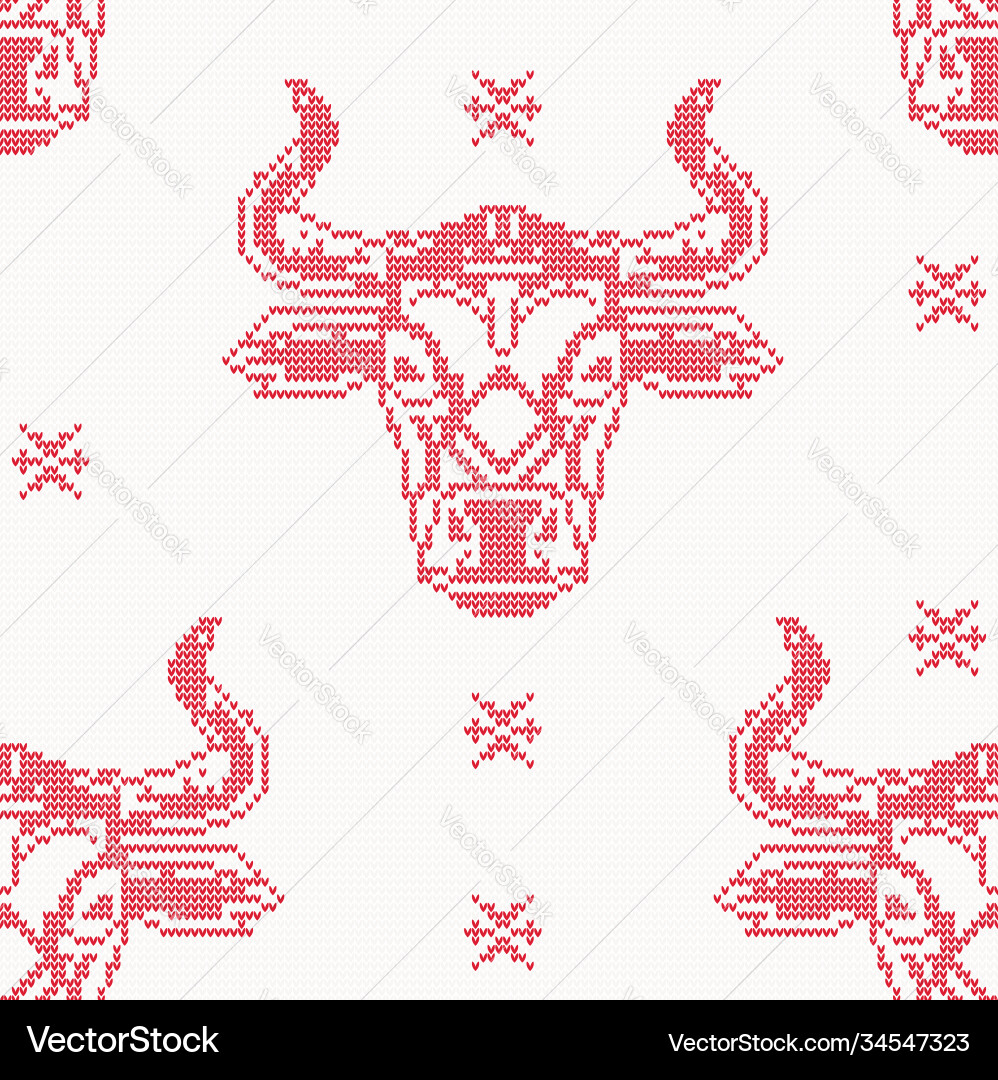 Knitted seamless pattern with bull in red color vector image