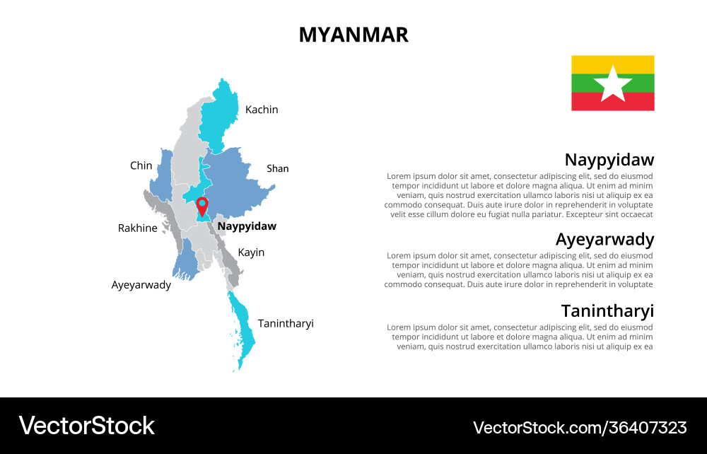 Myanmar Karte infographische Vorlage geteilt Vektorbild