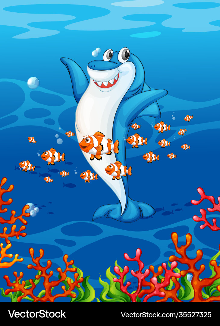 Happy shark cartoon character in underwater Happy shark cartoon character in underwater vector image