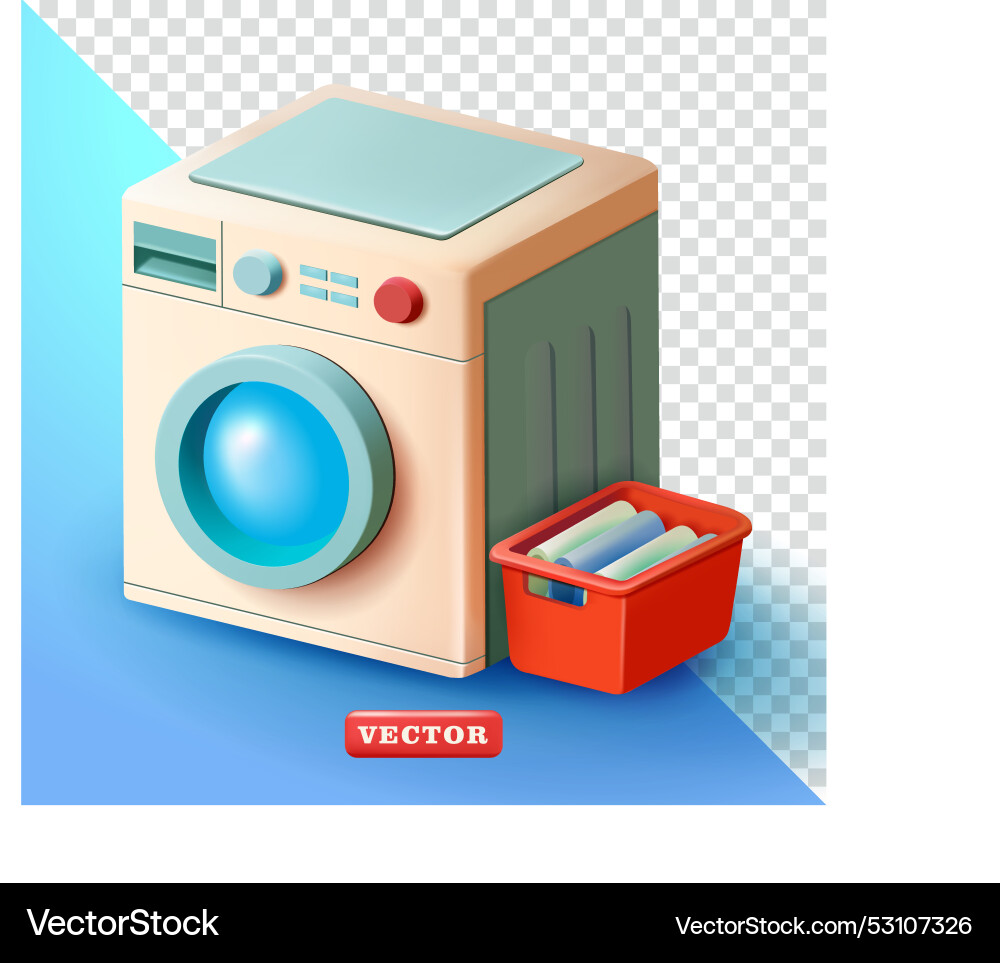 Waschmaschine und Stoffstapel im Korb 3d Waschmaschine und Stoffstapel im Korb 3d vektorbild