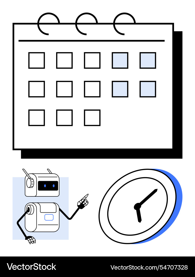 Robot assistant scheduling with calendar and clock Robot assistant scheduling with calendar and clock vector image