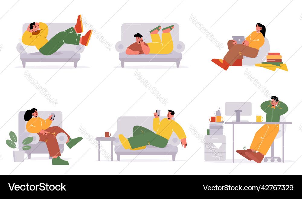 Lazy people relax on sofa at home vector image