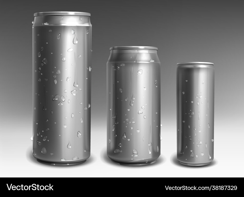 Silber Aluminiumdosen mit Wassertropfen in realistisch Silber Aluminiumdosen mit Wassertropfen in realistisch vektorbild