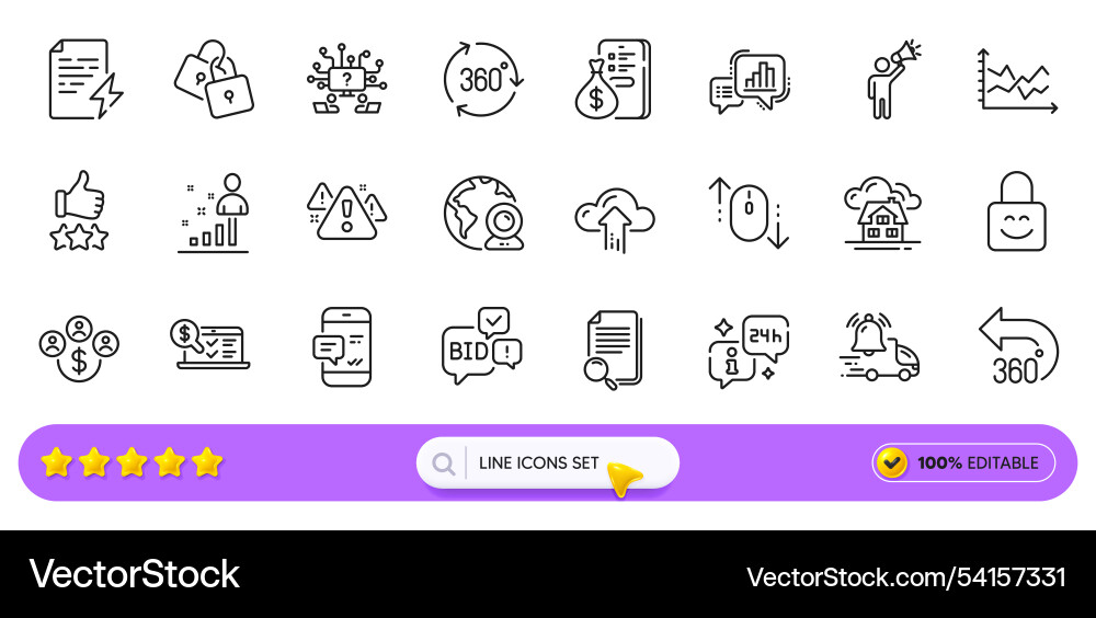 Diagram chart building and 360 degrees line icons Diagram chart building and 360 degrees line icons vector image