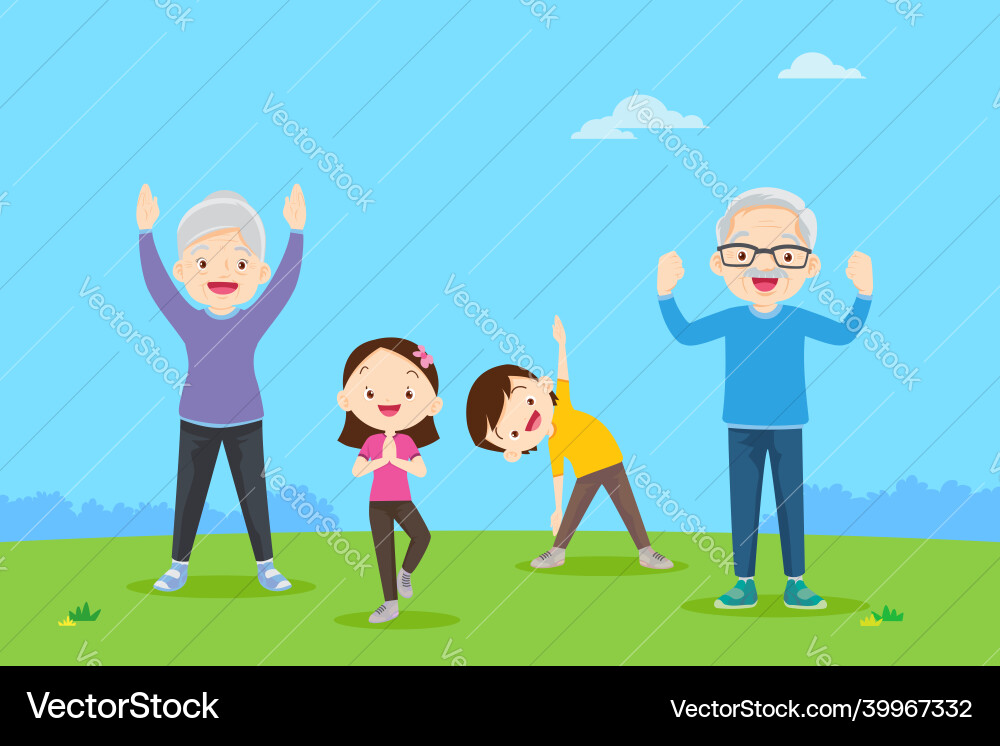 Elderly and kids doing exercises in the park vector image