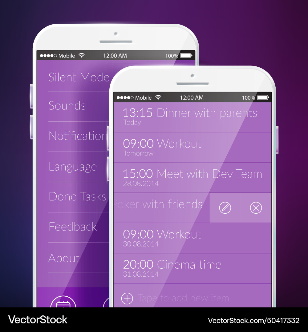 Mobile screen template with reminder and settings Mobile screen template with reminder and settings vector image